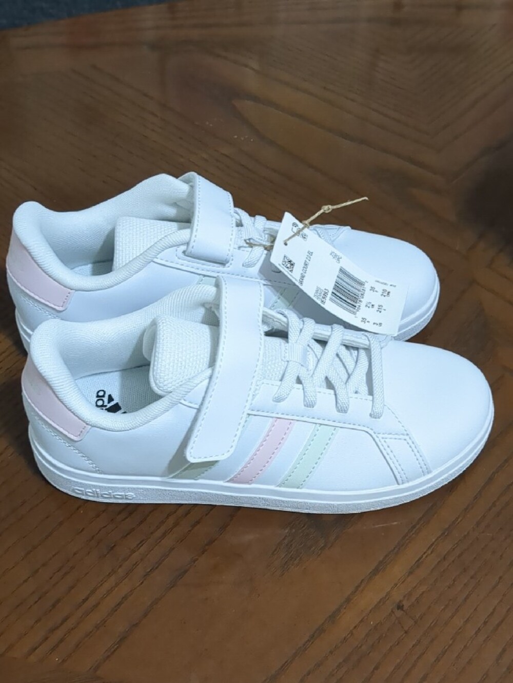 adidas Kids White Sneakers with Pastel Pink and Pastel Green Stripes - Picture 2 of 6